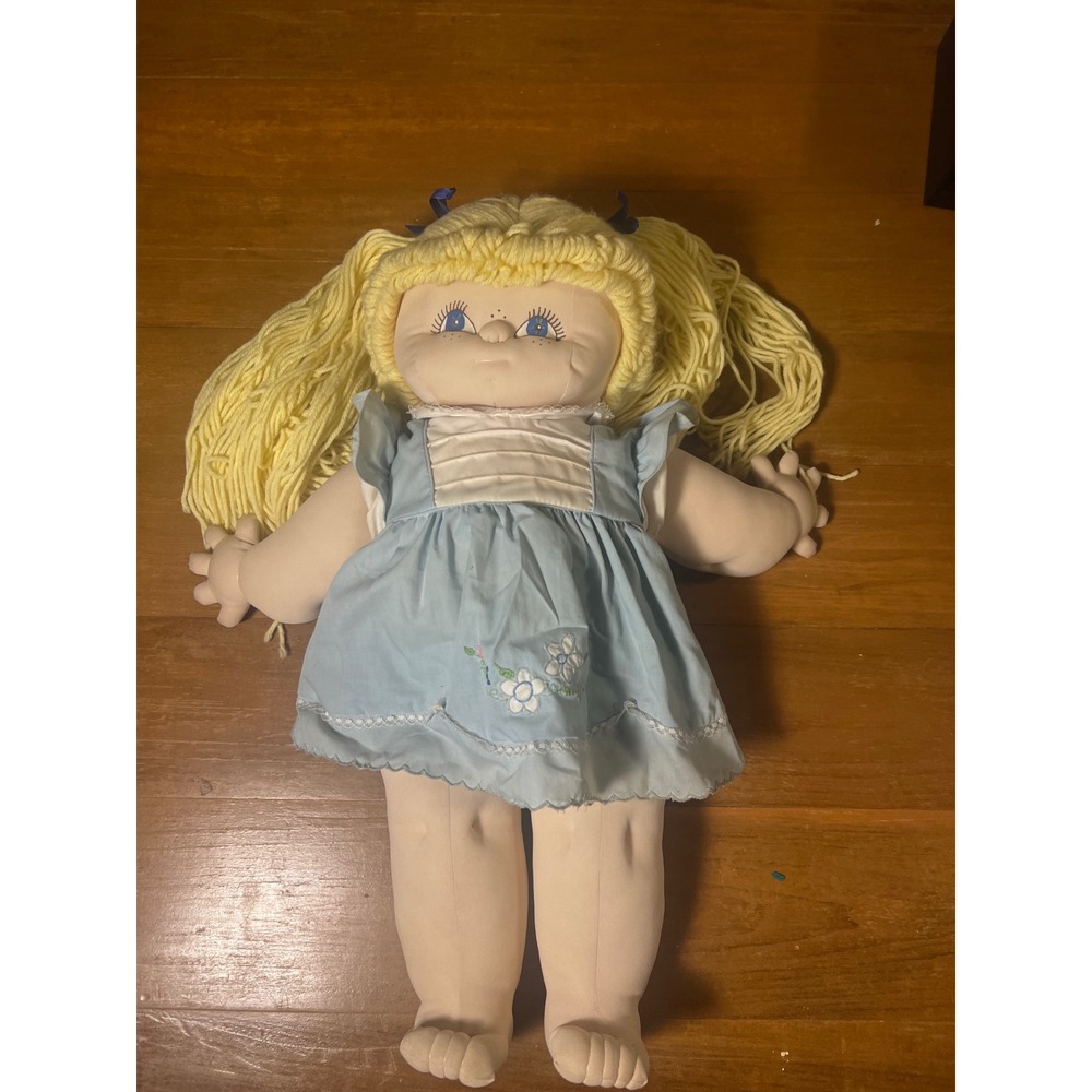 Vintage Handmade Soft Sculpture Cabbage Patch Style Doll Yellow Yarn Hair Dress